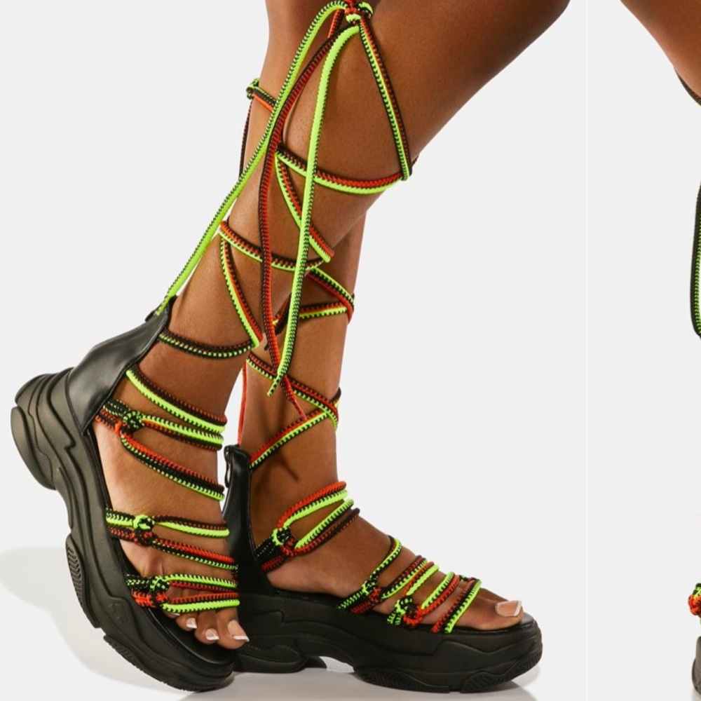 Neon Green & Orange Lace-Up Platform Sandals